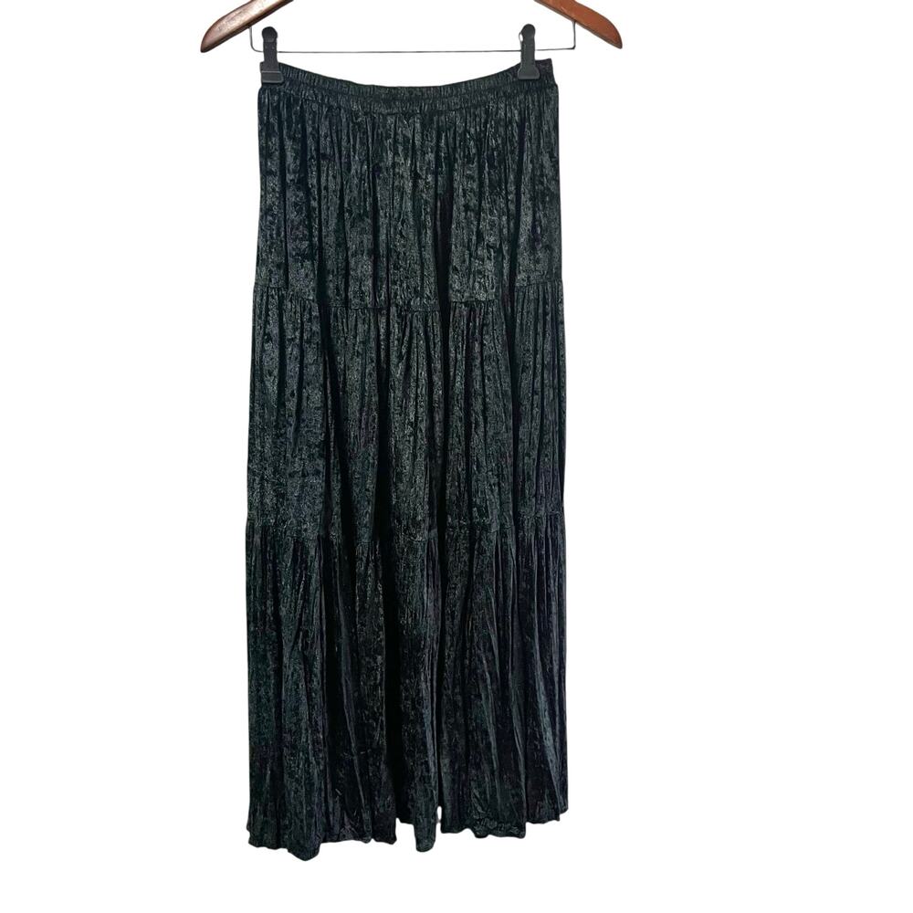 VTG Cactus Flower Black Velvet Maxi Skirt Tiered ONE‎ SIZE Whimsigoth Western